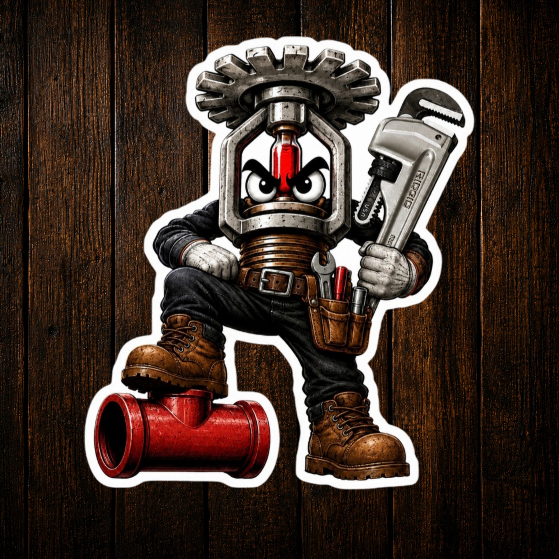 Pipe Boss Fire Sprinkler Fitter Mascot Vinyl Sticker