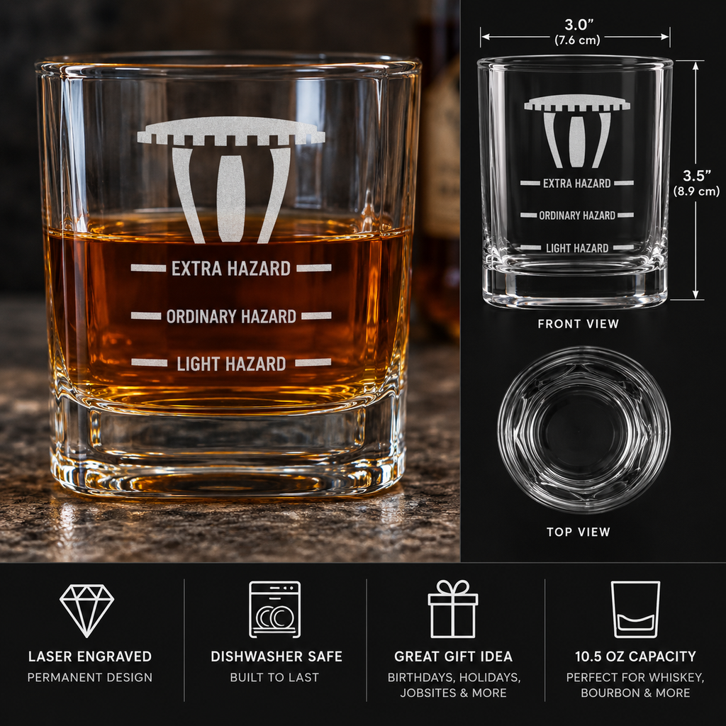 Sprinkler Fitter Hazard Level Whiskey Glass – Engraved 10.5 oz Rocks Glass