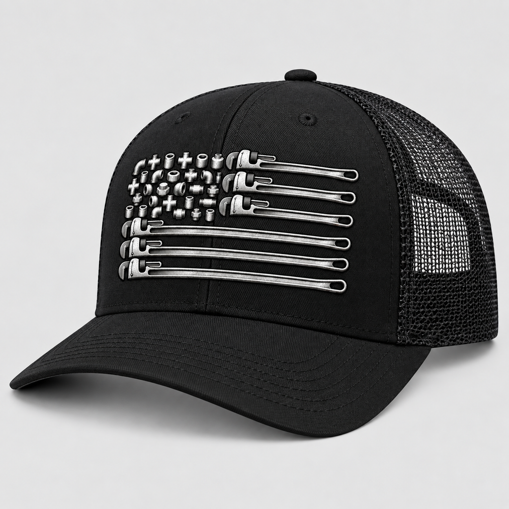 Pipe Trades American Flag Trucker Hat – Pipe Wrench & Fittings Design