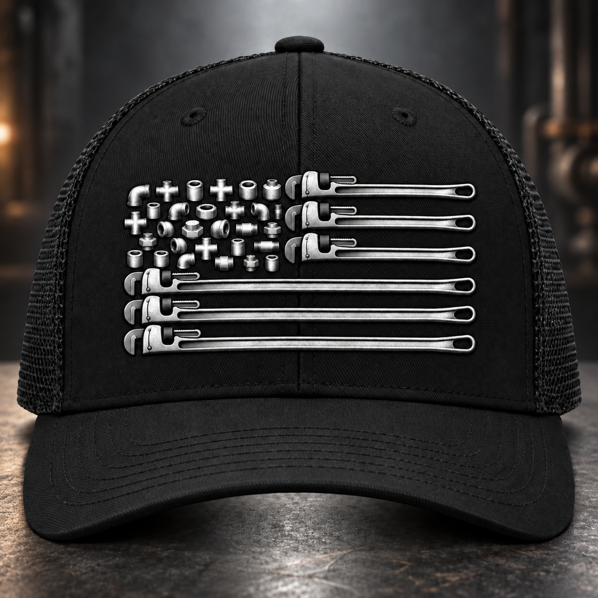Pipe Trades American Flag Trucker Hat – Pipe Wrench & Fittings Design